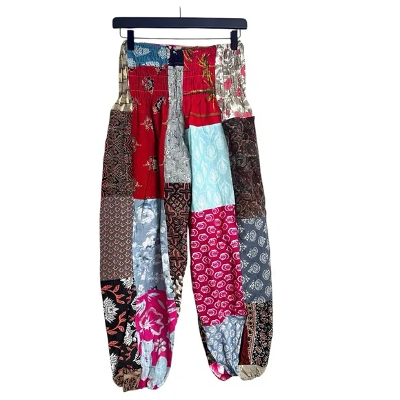Patchwork Multicolor Joggers Style Pants One Size Boho Hippie Smoked Harem - Picture 2 of 11